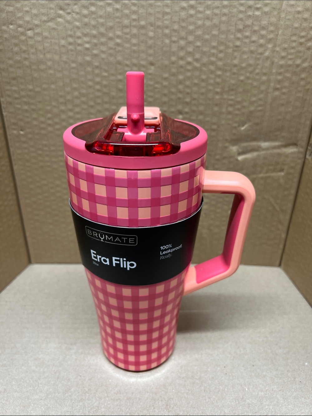 BrüMate Era Flip Insulated Tumbler - Peach / Pink Gingham